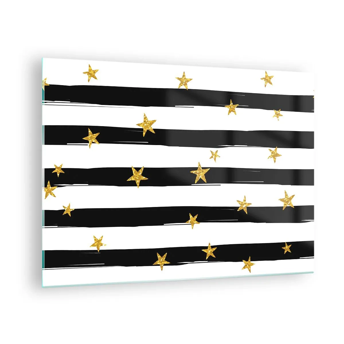 Obraz na skle - Černobílé pruhy se zlatými hvězdami - 70x50cm - Všichni jsme se narodili pod šťastnou hvězdou - Moderní nástěnná dekorace do obývacího pokoje a ložnice ARTTOR