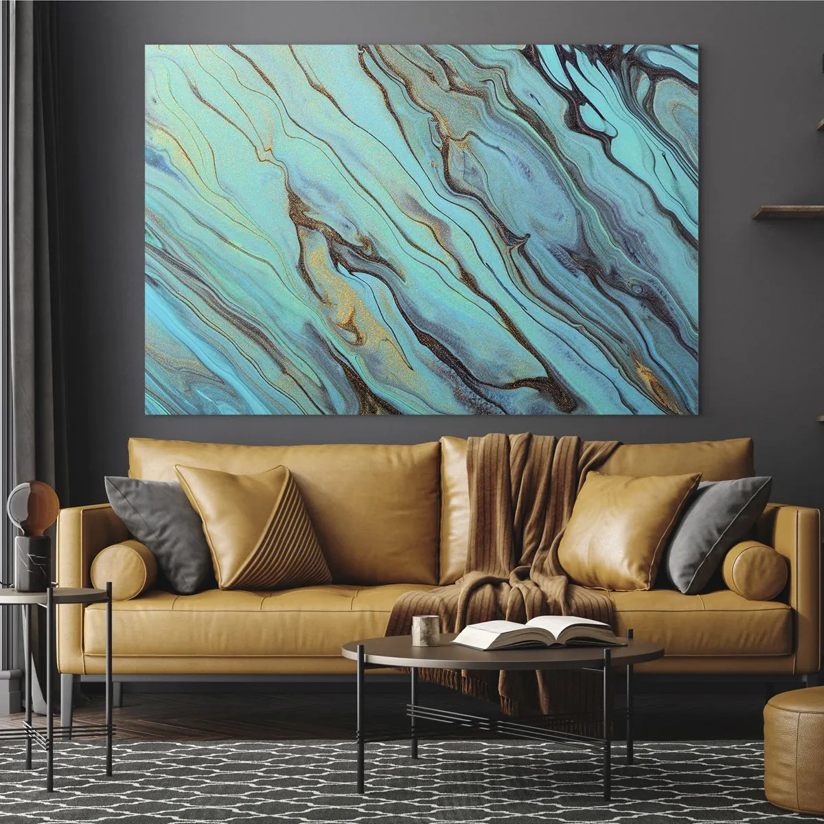 Obraz na skle - Abstraktní pruhy v tyrkysové a zlaté barvě - 70x50cm - Tyrkysový příliv - Moderní nástěnná dekorace do obývacího pokoje a ložnice ARTTOR