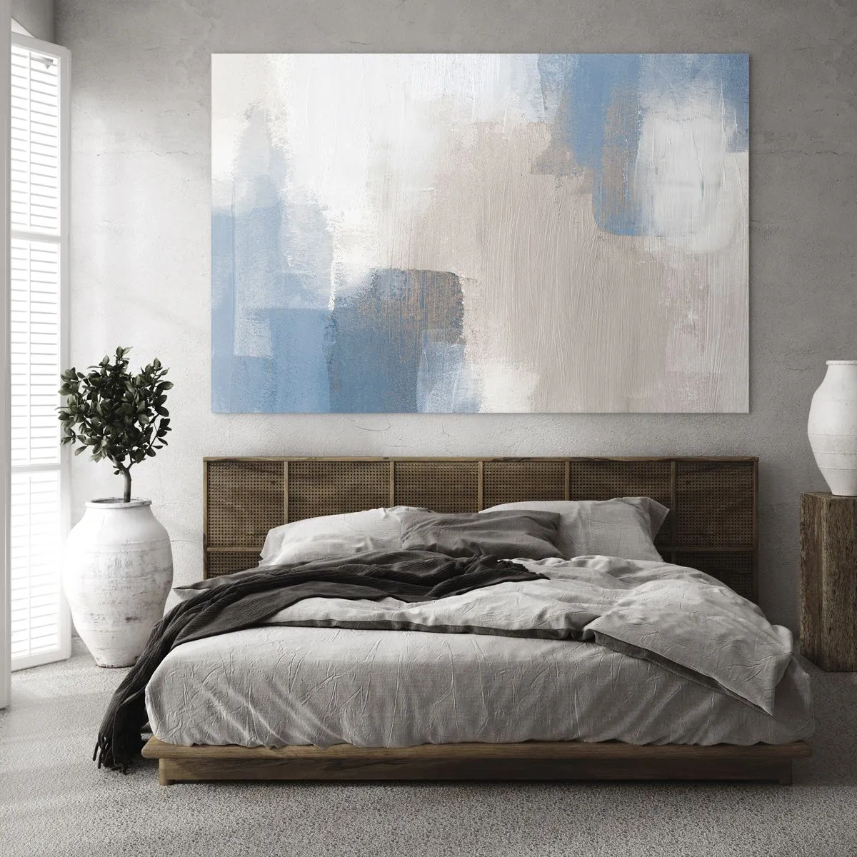 Obraz na skle - Béžová a modrá abstrakce v pastelových barvách - 70x50cm - Růžová abstrakce za modrým závojem - Moderní nástěnná dekorace do obývacího pokoje a ložnice ARTTOR