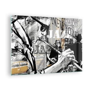 Obraz na skle - Stylová kresba jazzového hudebníka hrajícího na trubku v newyorském prostředí. - 70x50cm - V rytmu New Yorku - Moderní nástěnná dekorace do obývacího pokoje a ložnice ARTTOR