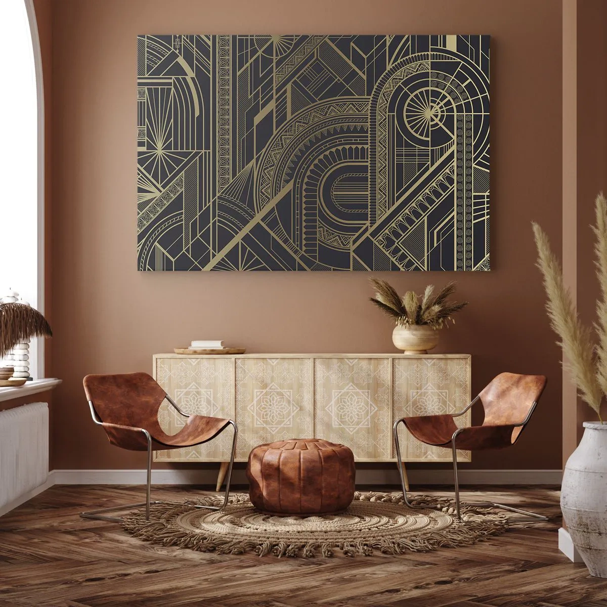 Obraz na plátně - Zlaté geometrické vzory na černém pozadí ve stylu Art Deco - 70x50cm - Koncepty, nápady, plány - Moderní nástěnná dekorace do obývacího pokoje a ložnice ARTTOR