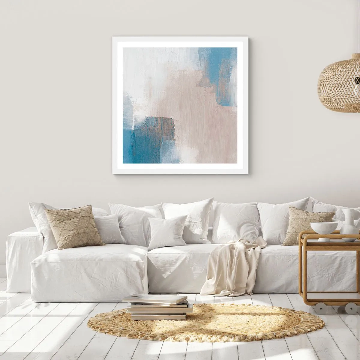 Plakát v bílém rámu - Růžová abstrakce za modrým závojem - 30x30 cm