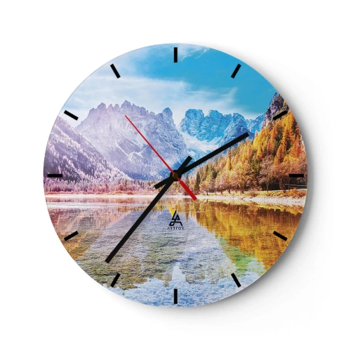 Nástěnné hodiny - Horská krajina s podzimním lesem odrážejícím se v hladině jezera - 30x30cm - A v horách už je podzim - Moderní nástěnná dekorace do obývacího pokoje, kuchyně a ložnice ARTTOR