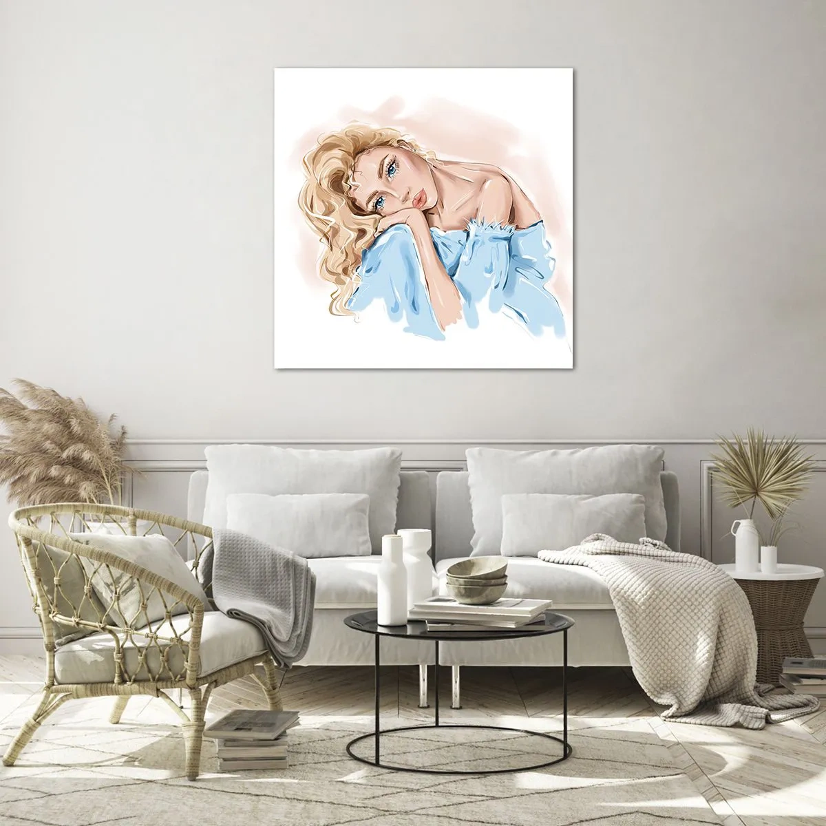 Obraz na skle - Zasněná v modré - 50x50 cm