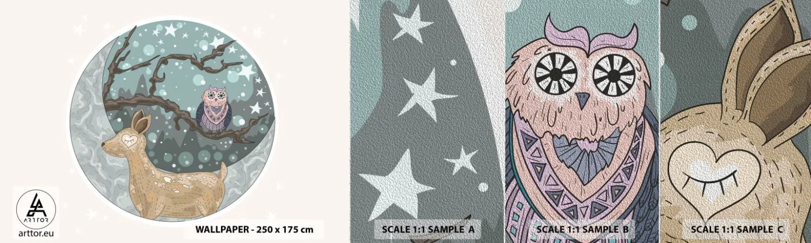 Vzor Fototapety Premium Sand - Pohádková, lesní noc - Pro děti, Grafika, hvězdy - 100x30 cm