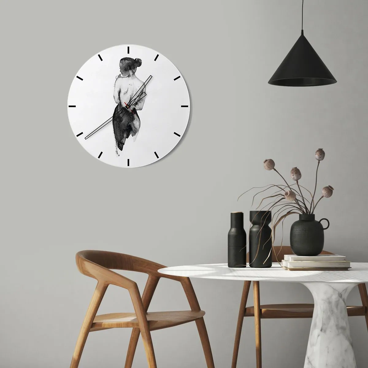 Nástěnné hodiny - Černá a bílá silueta ženy s odhalenými zády - 30x30cm - Mizející svět - Moderní nástěnná dekorace do obývacího pokoje, kuchyně a ložnice ARTTOR