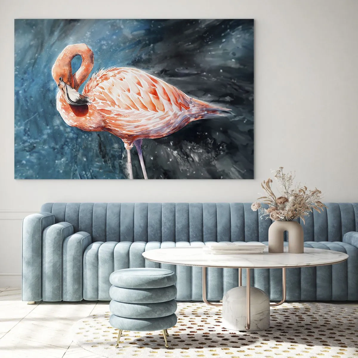 Obraz na skle - Růžový plameňák na modrém akvarelovém pozadí - 70x50cm - Dekorativní od přírody - Moderní nástěnná dekorace do obývacího pokoje a ložnice ARTTOR