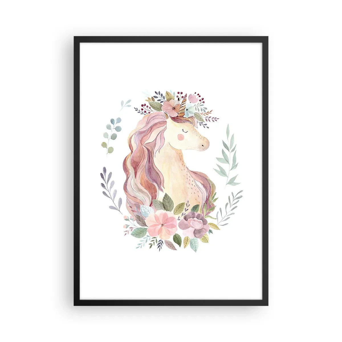 Plakát v černém rámu - Akvarelový jednorožec obklopený pastelovými květy. - 50x70cm - Pozvánka do říše pohádek - Moderní nástěnná dekorace do obývacího pokoje a ložnice ARTTOR