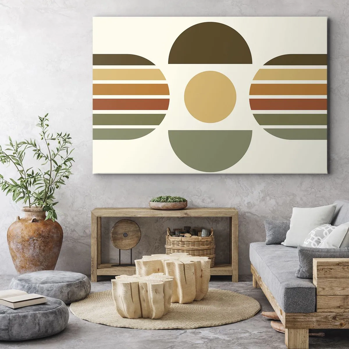 Obraz na plátně - Geometrická kompozice s půlkruhy a pruhy v zemitých tónech - 70x50cm - V barvách země - Moderní nástěnná dekorace do obývacího pokoje a ložnice ARTTOR