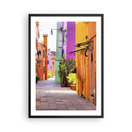 Plakát v černém rámu - Barevná ulice s rostlinami a zářivými fasádami budov - 50x70cm - Duhová ulička - Moderní nástěnná dekorace do obývacího pokoje a ložnice ARTTOR