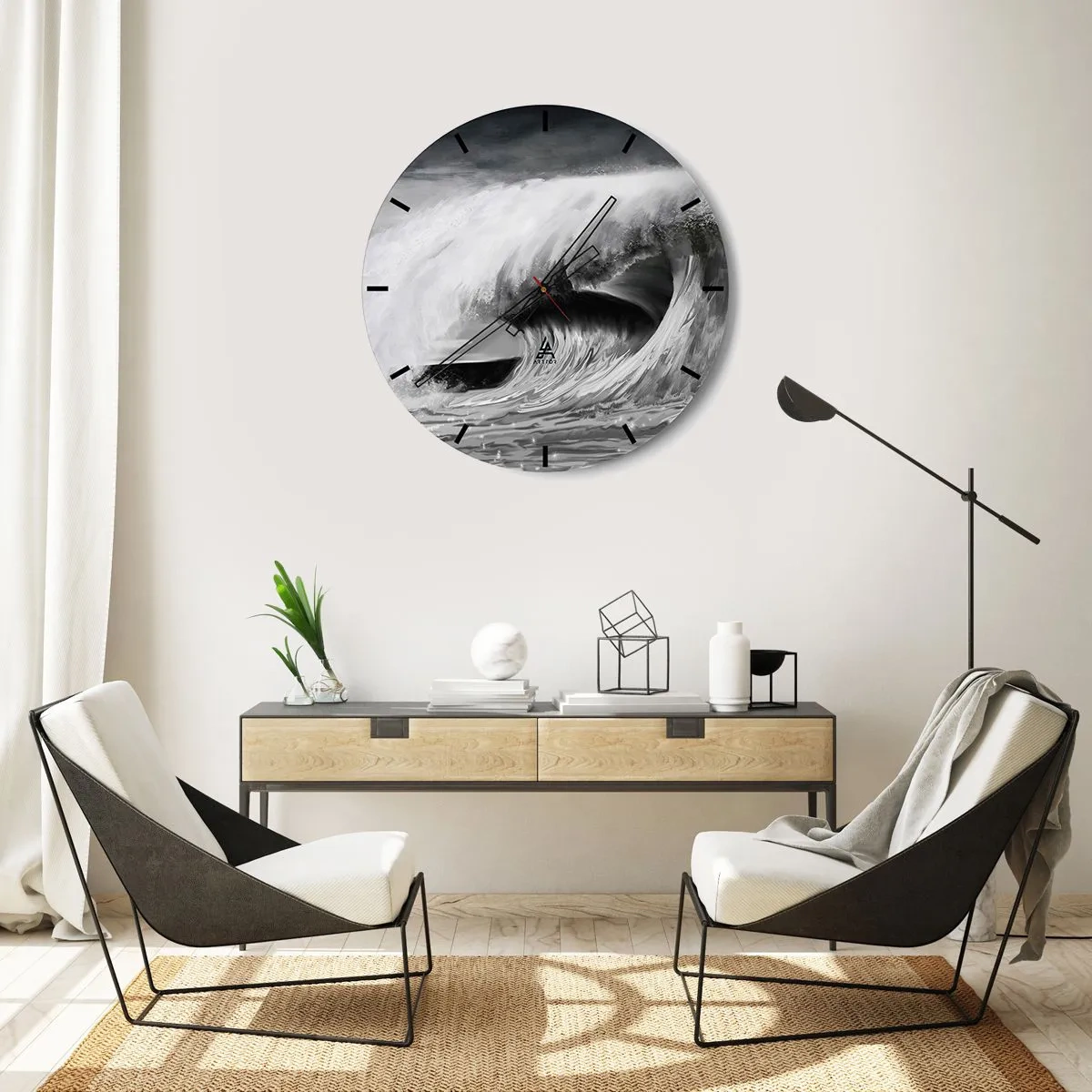 Nástěnné hodiny - Dynamická vlna v odstínech černé a bílé - 30x30cm - Hněv oceánu - Moderní nástěnná dekorace do obývacího pokoje, kuchyně a ložnice ARTTOR