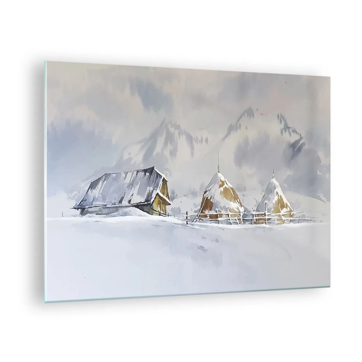 Obraz na skle - Zimní krajina s chatou a kupkami sena v horách - 70x50cm - V zasněženém údolí - Moderní nástěnná dekorace do obývacího pokoje a ložnice ARTTOR