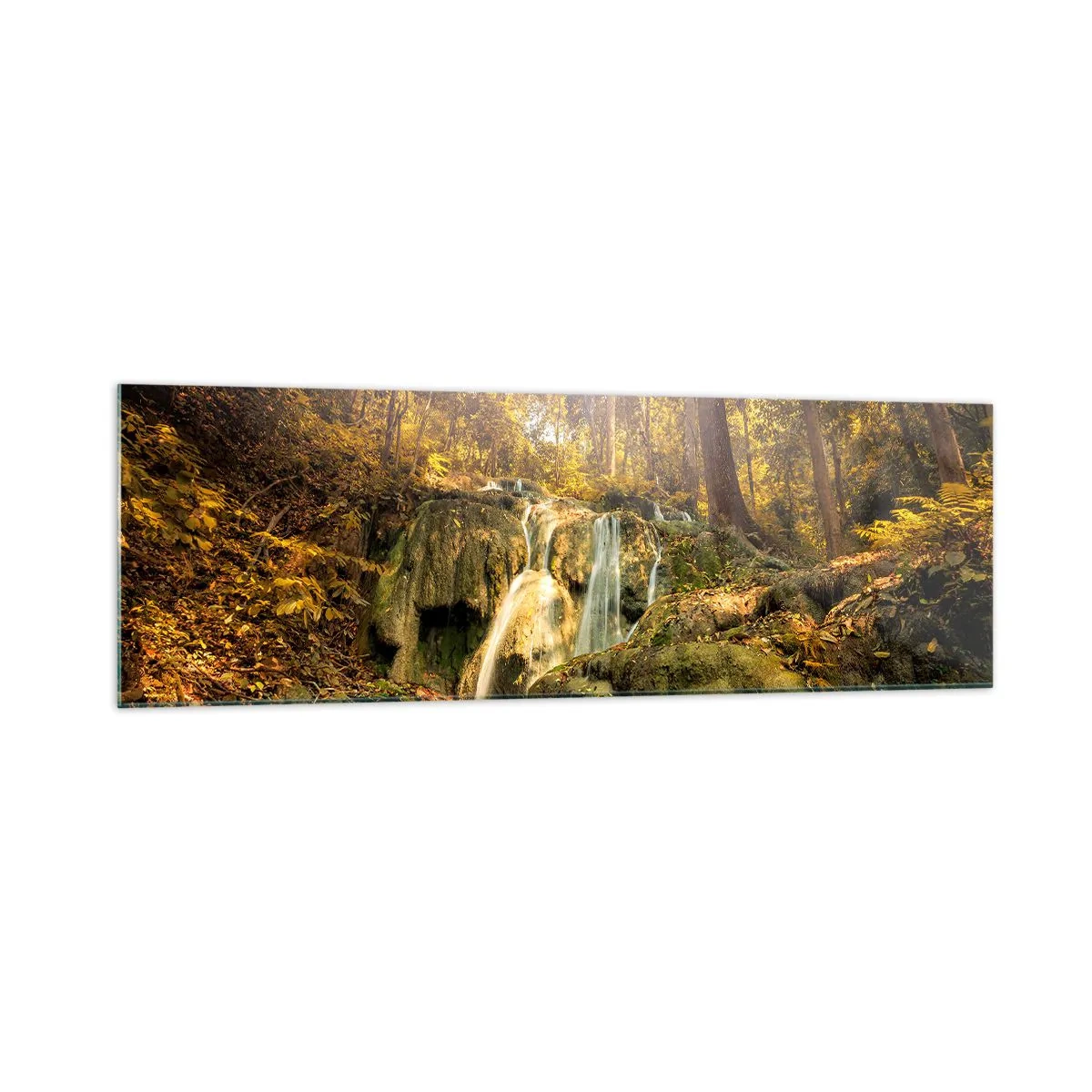 Obraz na skle - Lesní vodopád v zelené - 160x50 cm