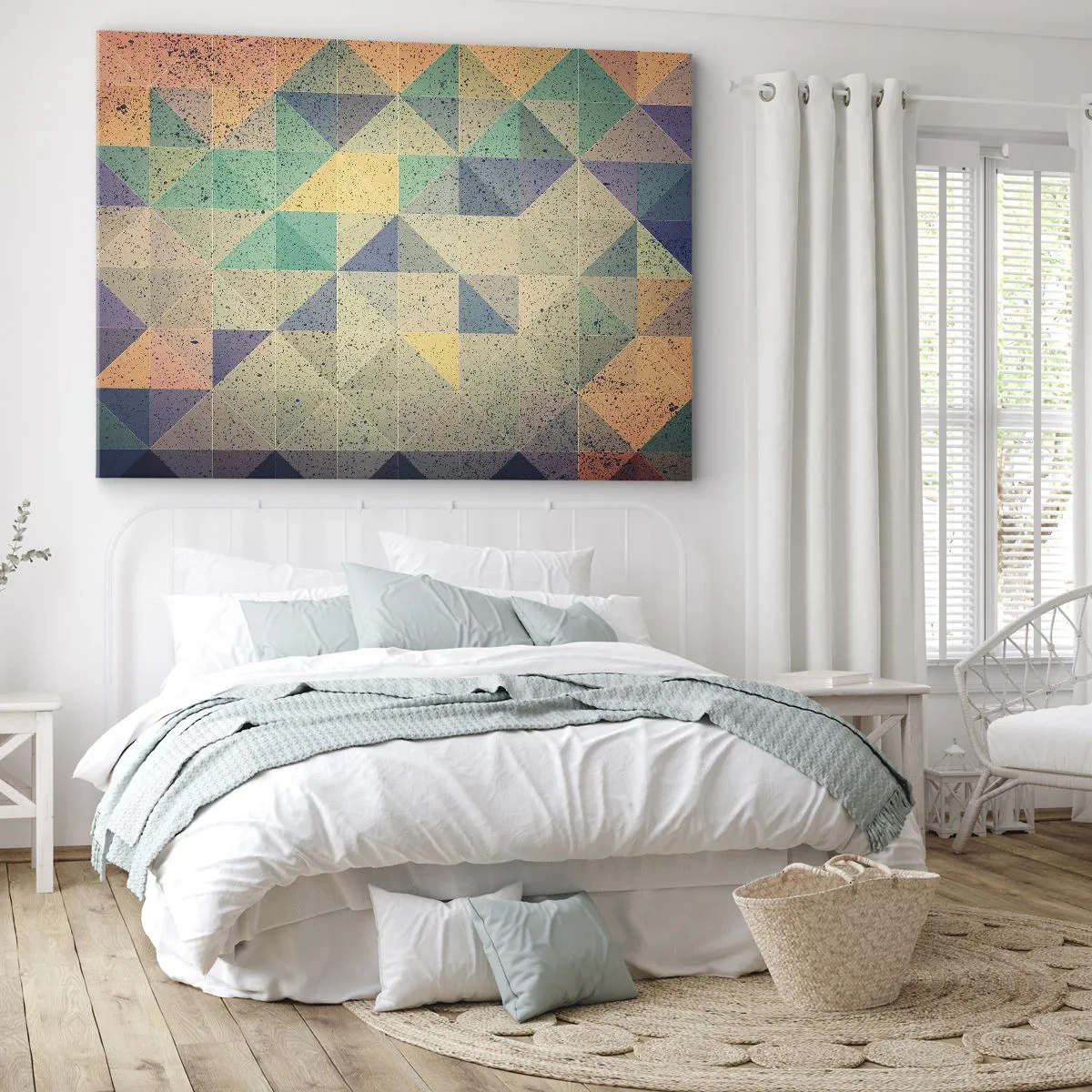 Obraz na plátně - Barevná kompozice geometrických trojúhelníků v pastelových odstínech. - 70x50cm - Republika trojúhelníků - Moderní nástěnná dekorace do obývacího pokoje a ložnice ARTTOR