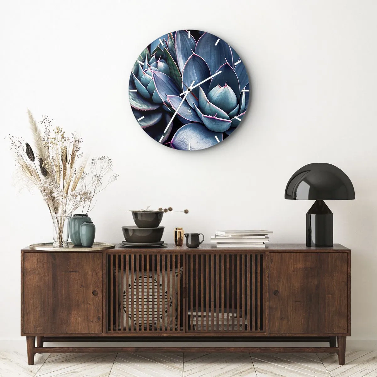 Nástěnné hodiny - Luxusní růžice sukulentů v odstínech tyrkysové a fialové - 30x30cm - Vitální síla - Moderní nástěnná dekorace do obývacího pokoje, kuchyně a ložnice ARTTOR