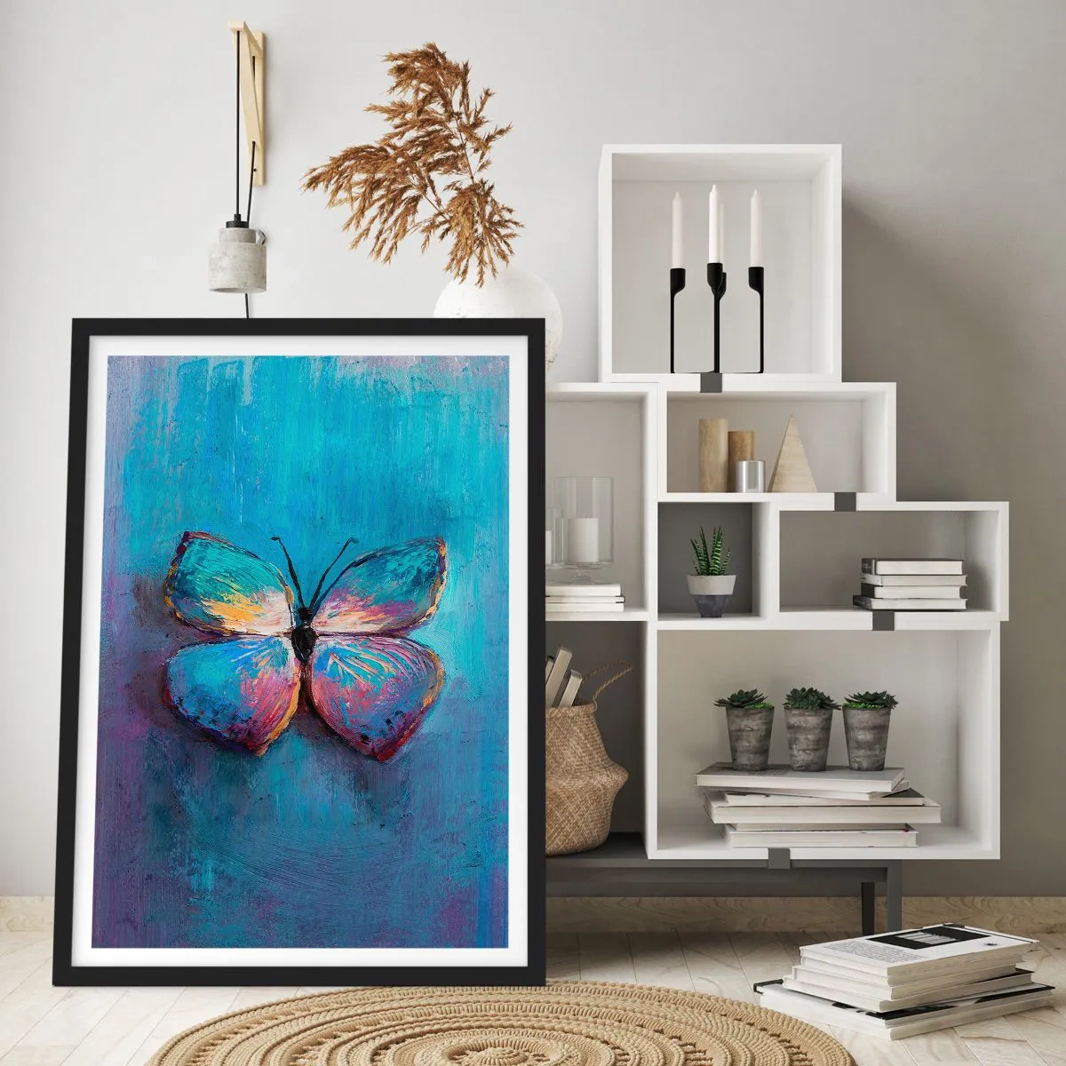 Plakát v černém rámu - Motýl v intenzivních barvách na modrém pozadí - 50x70cm - V celé své kráse - Moderní nástěnná dekorace do obývacího pokoje a ložnice ARTTOR