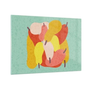 Obraz na skle - Barevné hrušky v grafickém stylu na tyrkysovém pozadí - 70x50cm - Ochutnejte letní slunce - Moderní nástěnná dekorace do obývacího pokoje a ložnice ARTTOR