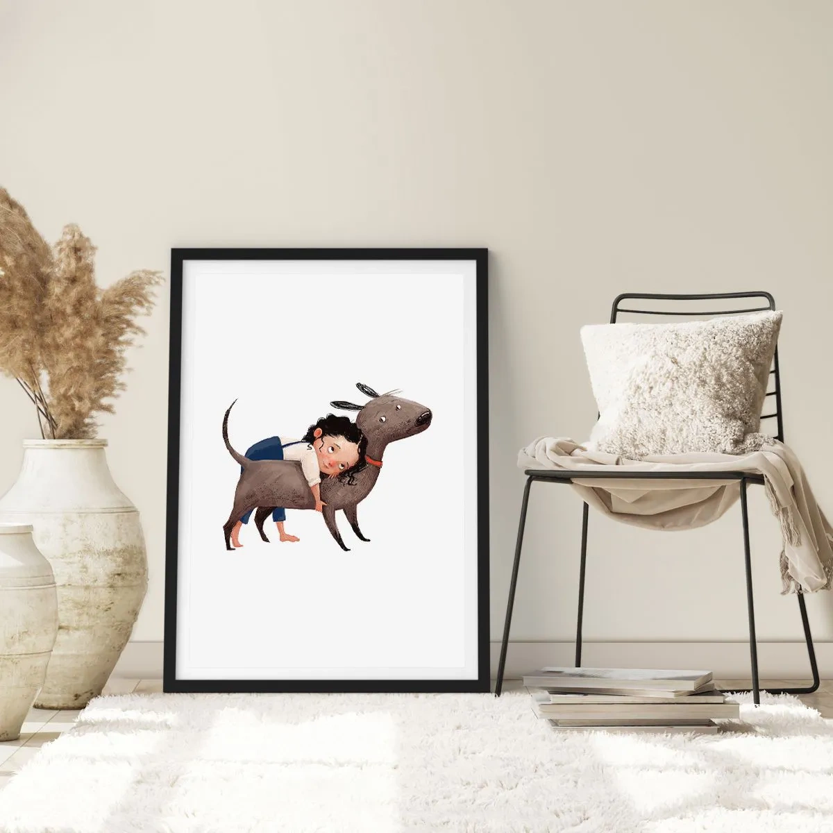 Plakát v černém rámu - Ilustrace dítěte objímajícího psa na bílém pozadí - 50x70cm - Nejlepší přátelé - Moderní nástěnná dekorace do obývacího pokoje a ložnice ARTTOR