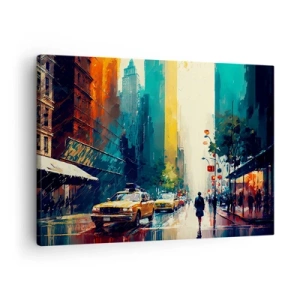 Obraz na plátně - Rušné město s taxíky a kolemjdoucími - 70x50cm - New York – tady je i déšť barevný - Moderní nástěnná dekorace do obývacího pokoje a ložnice ARTTOR
