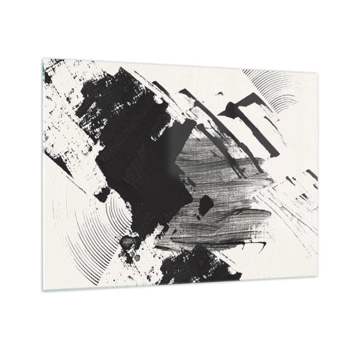 Obraz na skle - Expresivní abstrakce v černé a bílé s dynamickými tahy. - 70x50cm - Abstrakce – exprese černé - Moderní nástěnná dekorace do obývacího pokoje a ložnice ARTTOR