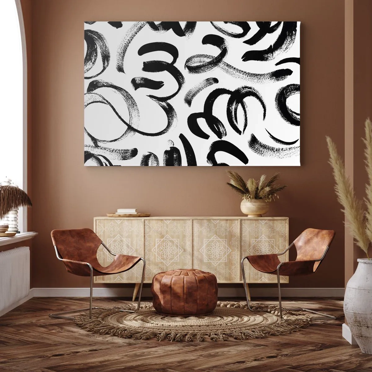 Obraz na plátně - Černé abstraktní tahy štětcem na bílém pozadí - 70x50cm - Černé na bílém - Moderní nástěnná dekorace do obývacího pokoje a ložnice ARTTOR