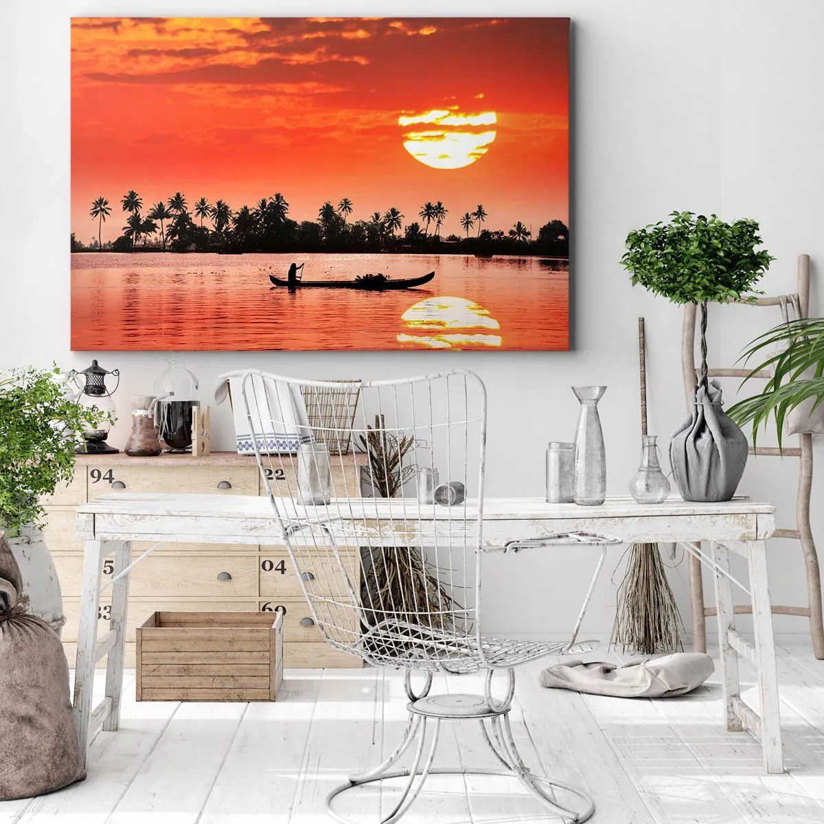 Obraz na plátně - Tropický západ slunce s lodí a palmami v pozadí - 70x50cm - Klid tropů při západu - Moderní nástěnná dekorace do obývacího pokoje a ložnice ARTTOR