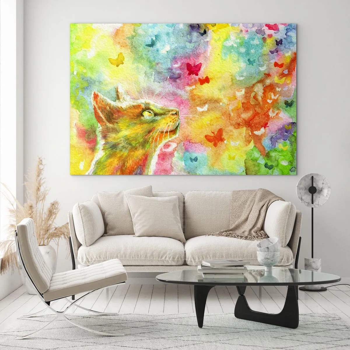 Obraz na skle - Kočka pozorující barevné motýly s pastelovým pozadím. - 70x50cm - Vymýšlí nesmysly v kočičím ráji - Moderní nástěnná dekorace do obývacího pokoje a ložnice ARTTOR
