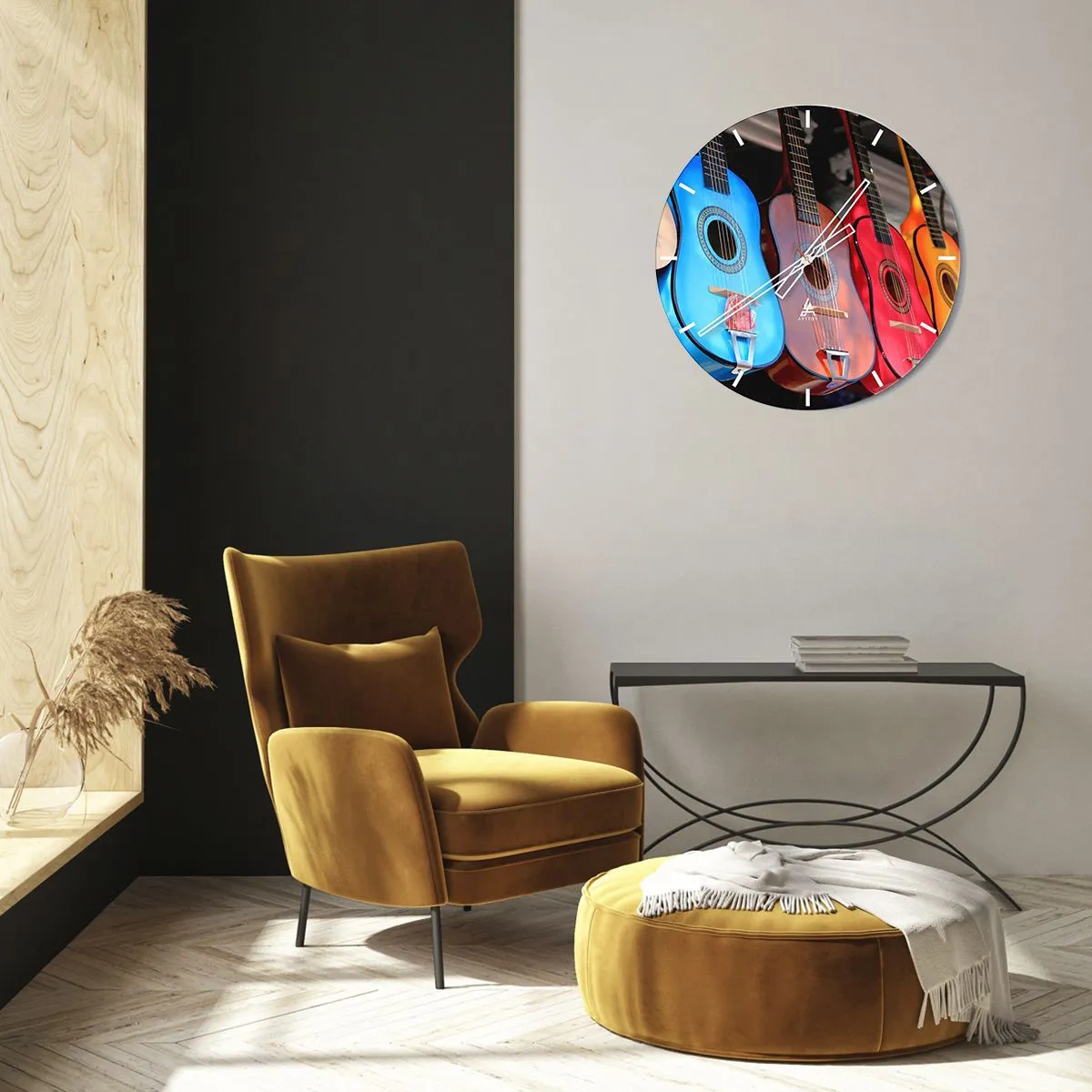 Nástěnné hodiny - Barevné kytary v různých odstínech na tmavém pozadí - 30x30cm - Latinskoamerická atmosféra - Moderní nástěnná dekorace do obývacího pokoje, kuchyně a ložnice ARTTOR