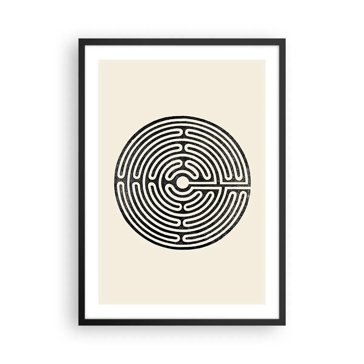 Plakát v černém rámu - Minimalistické černobílé bludiště na světlém pozadí. - 50x70cm - Tajemný řád - Moderní nástěnná dekorace do obývacího pokoje a ložnice ARTTOR