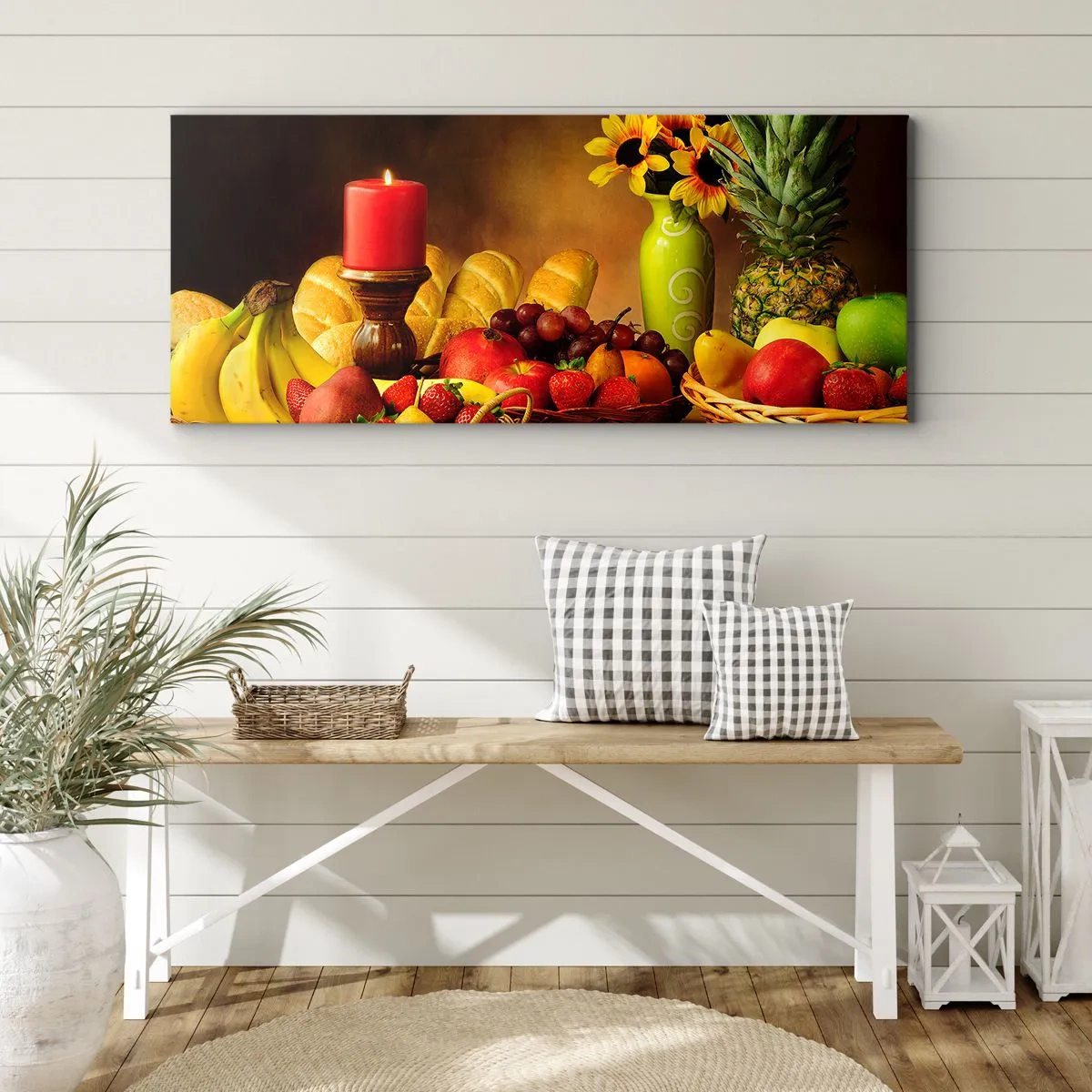 Obraz na plátně - Zátiší s pečivem a ovocem - 140x50 cm