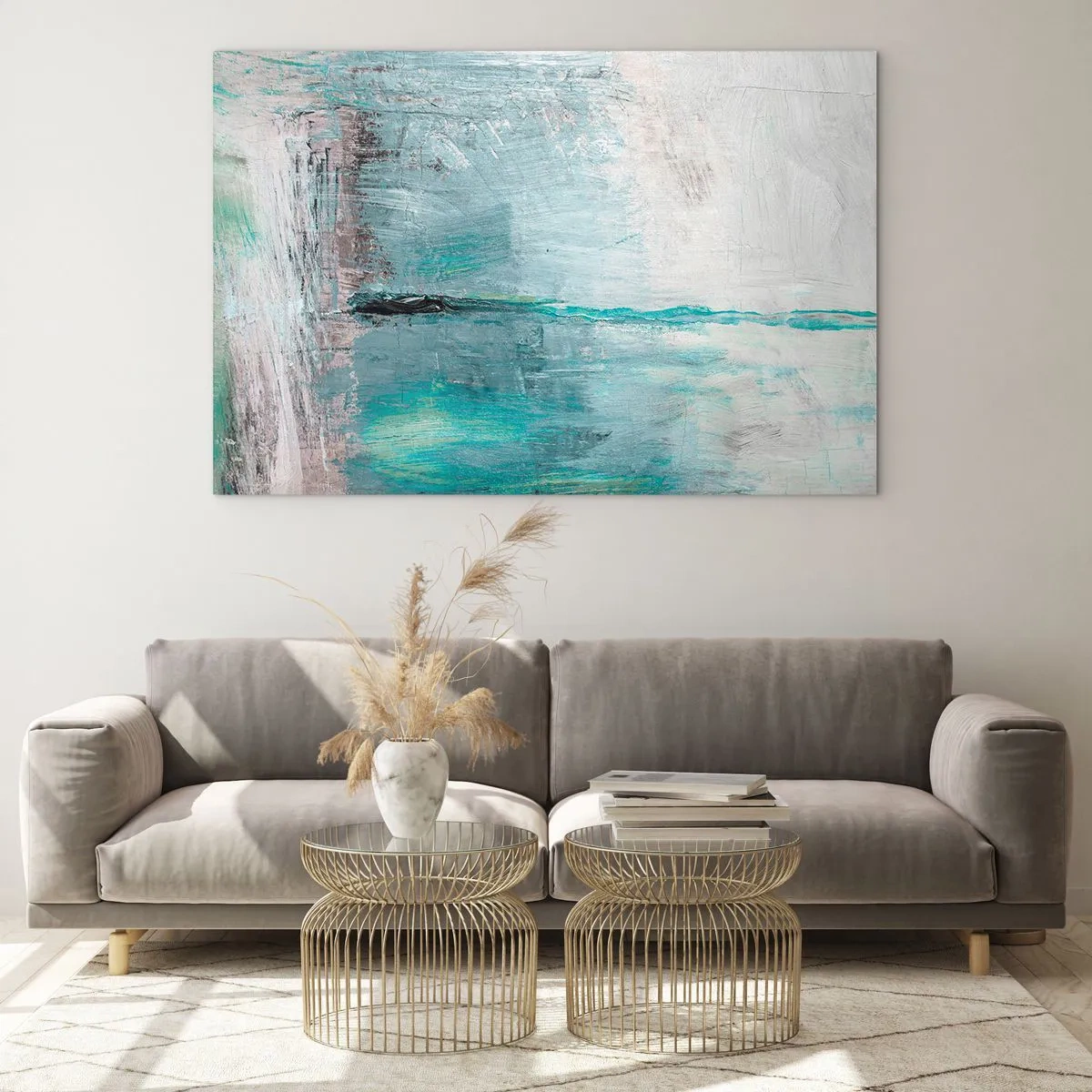 Obraz na skle - Abstraktní kompozice v odstínech modré a šedé - 70x50cm - Horizontálně v modři - Moderní nástěnná dekorace do obývacího pokoje a ložnice ARTTOR