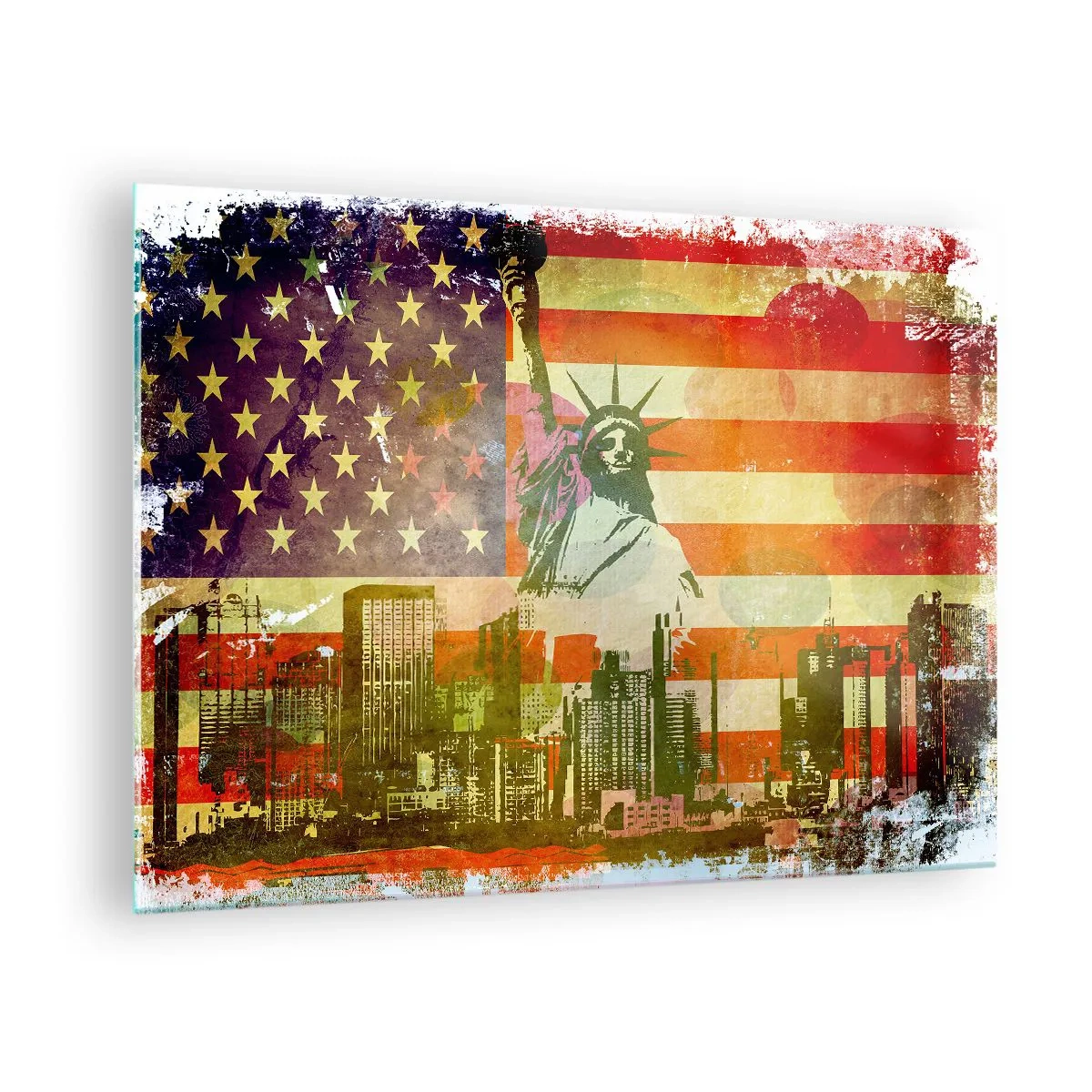 Obraz na skle - Americká vlajka se siluetou Sochy svobody a městskou krajinou - 70x50cm - Viva America! - Moderní nástěnná dekorace do obývacího pokoje a ložnice ARTTOR