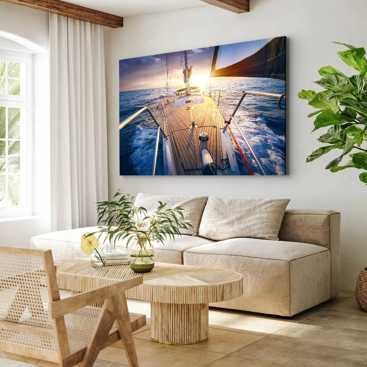 Obraz na plátně - Jachta na moři při západu slunce - 70x50cm - Běžící po vlnách - Moderní nástěnná dekorace do obývacího pokoje a ložnice ARTTOR