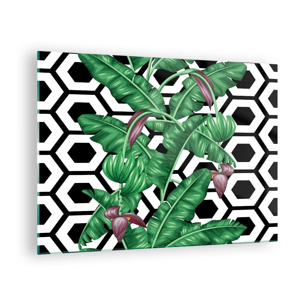 Obraz na skle - Tropické listy a květiny na černém a bílém geometrickém vzoru pozadí - 70x50cm - Symetrická kompozice z přírody - Moderní nástěnná dekorace do obývacího pokoje a ložnice ARTTOR