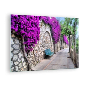 Obraz na skle - Kamenná zeď s fialovými květy a lavička podél cesty - 70x50cm - Setkejme se co nejrychleji - Moderní nástěnná dekorace do obývacího pokoje a ložnice ARTTOR
