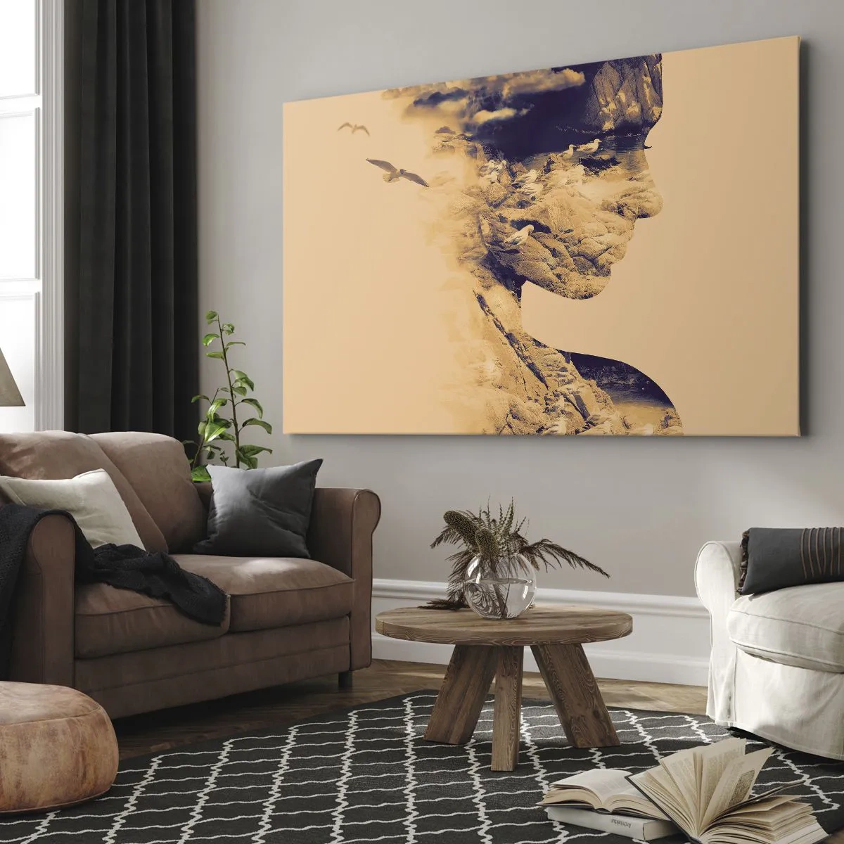 Obraz na plátně - Profil ženy s přírodou v pozadí v teplých tónech - 70x50cm - Krásná od přírody - Moderní nástěnná dekorace do obývacího pokoje a ložnice ARTTOR