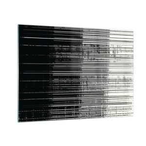 Obraz na skle - Černobílá abstrakce s vodorovnými čarami vytvářejícími přechod - 70x50cm - Vlny a vibrace - Moderní nástěnná dekorace do obývacího pokoje a ložnice ARTTOR