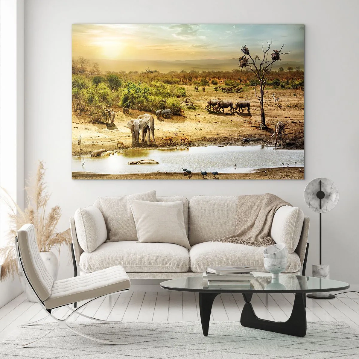 Obraz na skle - Sloni a zvířata u napajedla na pozadí africké krajiny - 70x50cm - „Z ráje opět pramenila řeka…“ - Moderní nástěnná dekorace do obývacího pokoje a ložnice ARTTOR