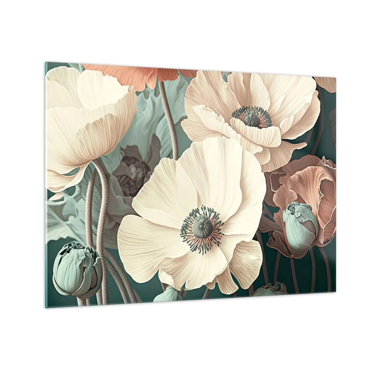 Obraz na skle - Jemný krém a lososový mák na tmavém pozadí - 70x50cm - Šepot máků - Moderní nástěnná dekorace do obývacího pokoje a ložnice ARTTOR