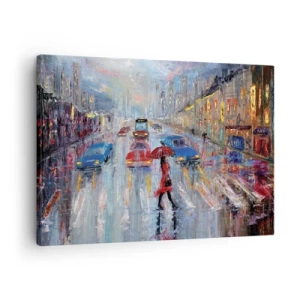 Obraz na plátně - Žena s deštníkem na deštivé ulici v neonovém světle. - 70x50cm - Deštivé odpoledne ve městě - Moderní nástěnná dekorace do obývacího pokoje a ložnice ARTTOR