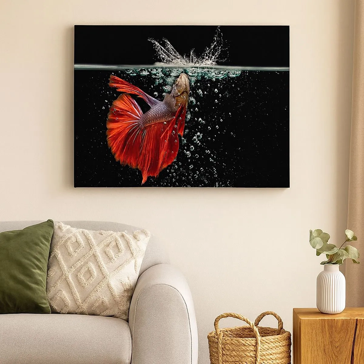 Obraz na plátně - Nádherná betta ve vodě na tmavém pozadí - 70x50cm - Máš tři přání - Moderní nástěnná dekorace do obývacího pokoje a ložnice ARTTOR