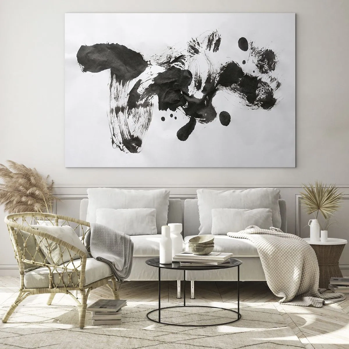 Obraz na skle - Abstraktní černé skvrny a tahy štětcem na bílém pozadí - 70x50cm - Metoda v šílenství? - Moderní nástěnná dekorace do obývacího pokoje a ložnice ARTTOR