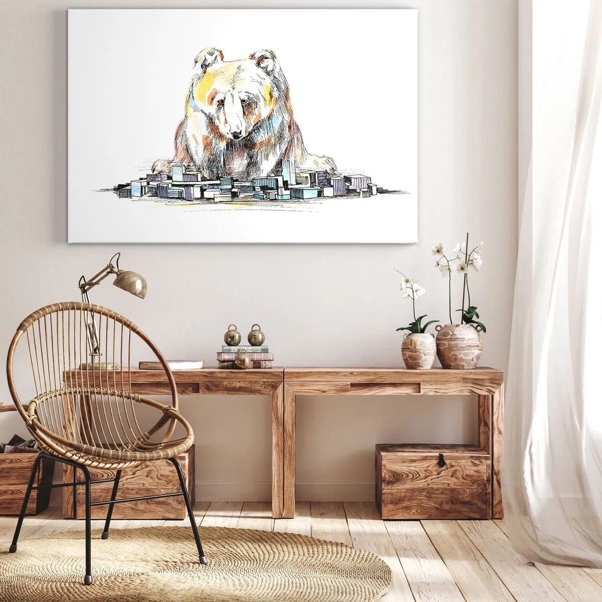Obraz na plátně - Ilustrace medvěda s barevnými detaily a bloky - 70x50cm - Jak lze takto žít? - Moderní nástěnná dekorace do obývacího pokoje a ložnice ARTTOR