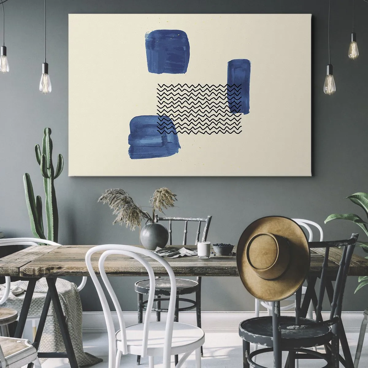 Obraz na plátně - Abstraktní kompozice s modrými skvrnami a vlnovkami - 70x50cm - Abstraktní kvarteto - Moderní nástěnná dekorace do obývacího pokoje a ložnice ARTTOR