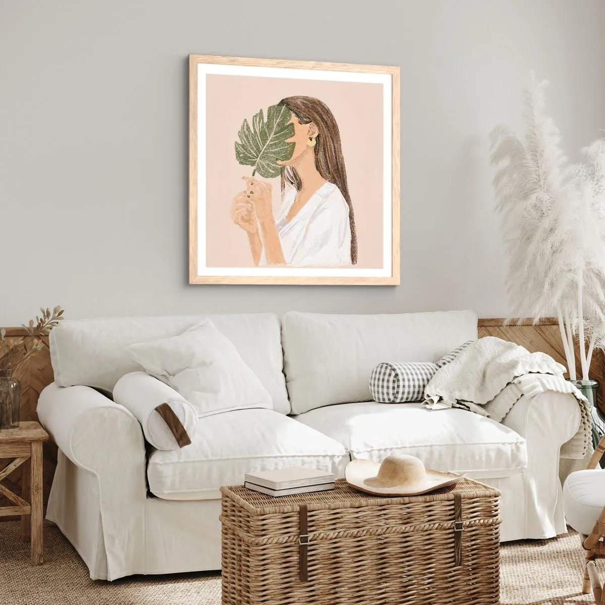 Plakát v rámu světlý dub - Tajemný portrét s vějířem - 60x60 cm