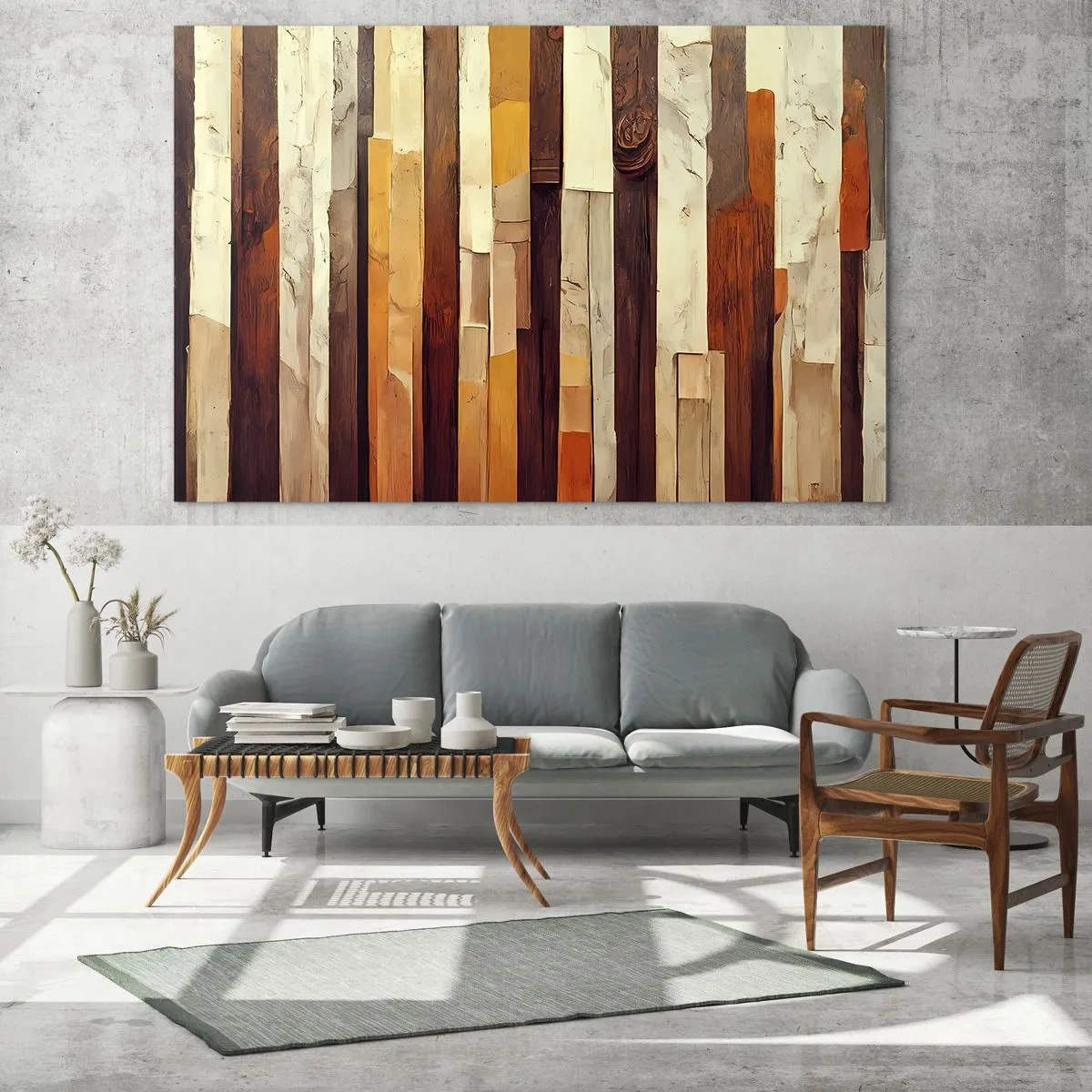 Obraz na skle - Kompozice svislých pruhů v odstínech dřeva a béžové - 70x50cm - Hymna lesních stromů - Moderní nástěnná dekorace do obývacího pokoje a ložnice ARTTOR