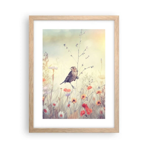 Plakát v rámu světlý dub - Portrét ptáka s loukou v pozadí - 30x40 cm