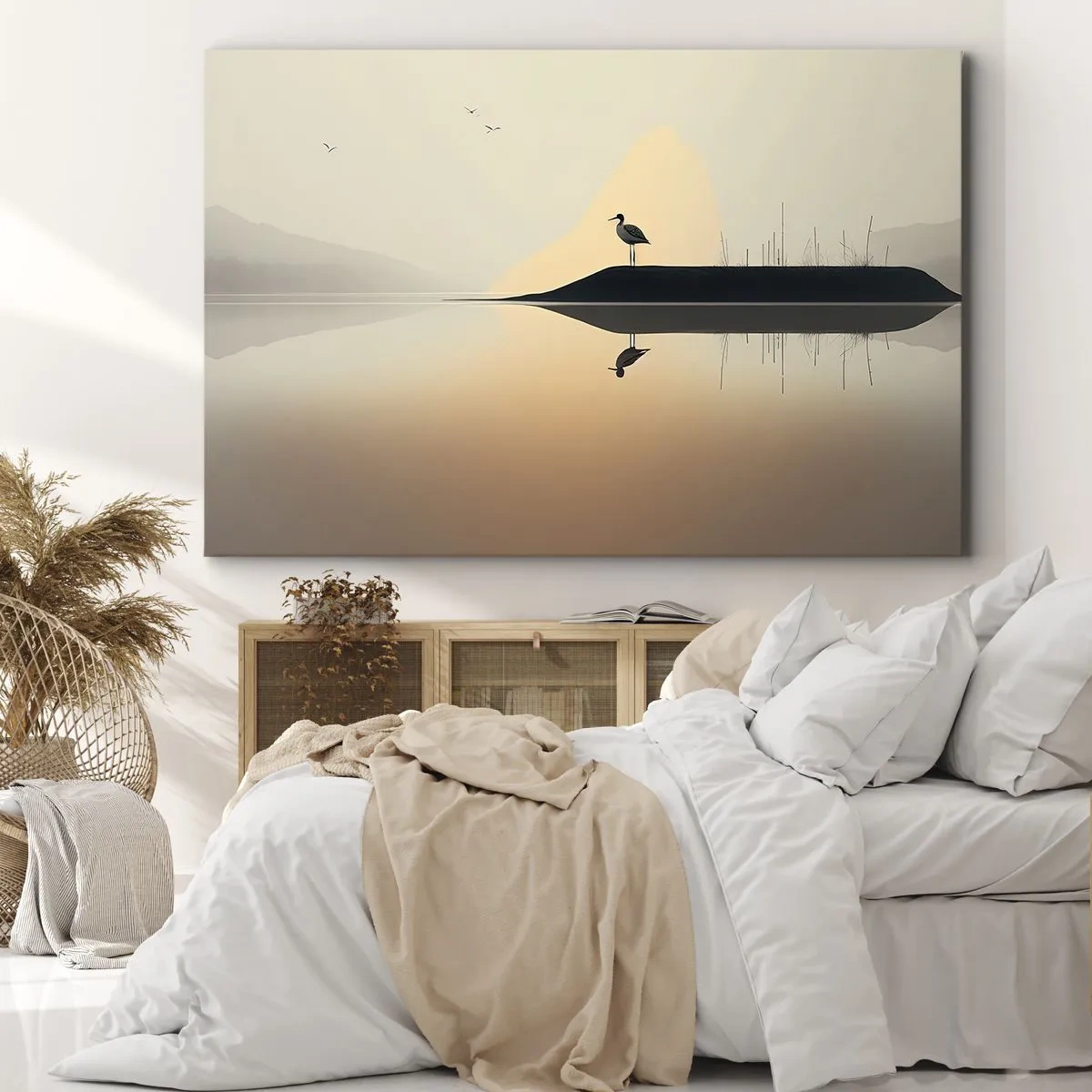 Obraz na plátně - Pták na ostrově v klidném jezeře s teplými odstíny - 70x50cm - Pán na jezeře - Moderní nástěnná dekorace do obývacího pokoje a ložnice ARTTOR