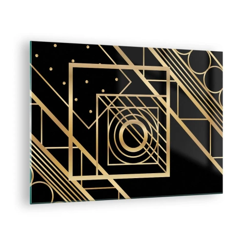 Obraz na skle - Zlaté geometrické vzory na černém pozadí - 70x50cm - Zlatá geometrie - Moderní nástěnná dekorace do obývacího pokoje a ložnice ARTTOR