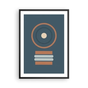 Plakát v černém rámu - Geometrický vzor s kruhy a obdélníky v odstínech modré a hnědé - 50x70cm - Podstata věcí - Moderní nástěnná dekorace do obývacího pokoje a ložnice ARTTOR